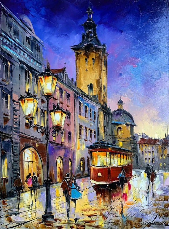 夜の街の油絵 オリジナルの街の風景画 都市景観アート 街の明かりの壁